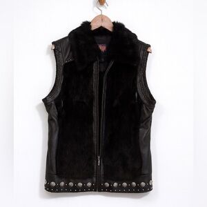 Cripple Creek Black Leather Fur Rib Knit Concho Stud Zip Western Cowgirl Vest XL